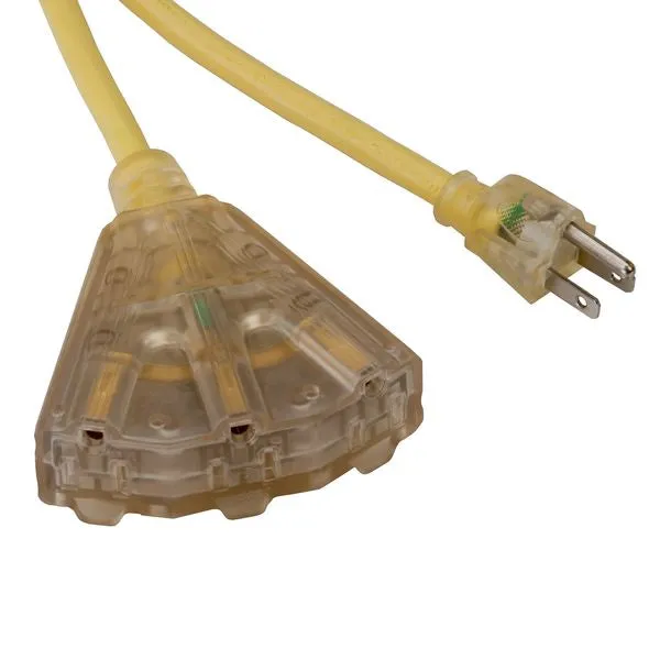 Bayco Products 25' Cold Weather Extension Cord Lighted End & 3 Outlets, 15A