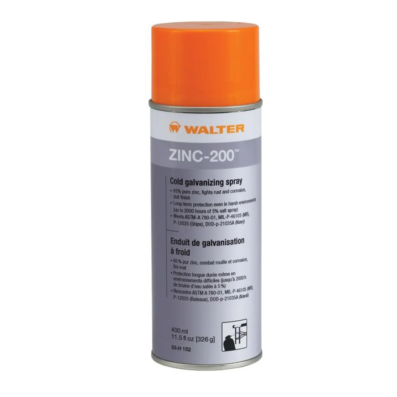 Walter Surface Technologies 53H152 Zinc-200 Cold Galvanizing Spray | Aerosol | 11.5 Ounce Capacity Volume | Sold By Box of 12